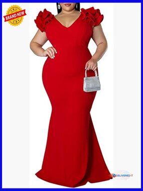 Plus Size Maxi Dress V-Neck Ruffle Sleeves Bodycon Mermaid Evening Gown